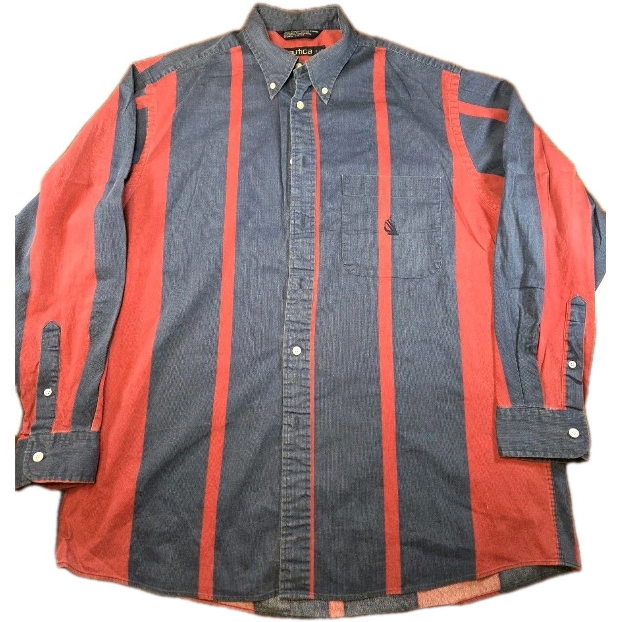 Vintage Nautica Shirt Men's Large Blue Red Wide Stripe Button Down 90s Classic
